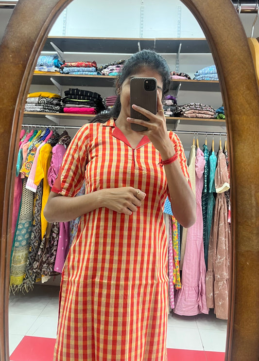 Red Royal Bloom Silk Kurti - L