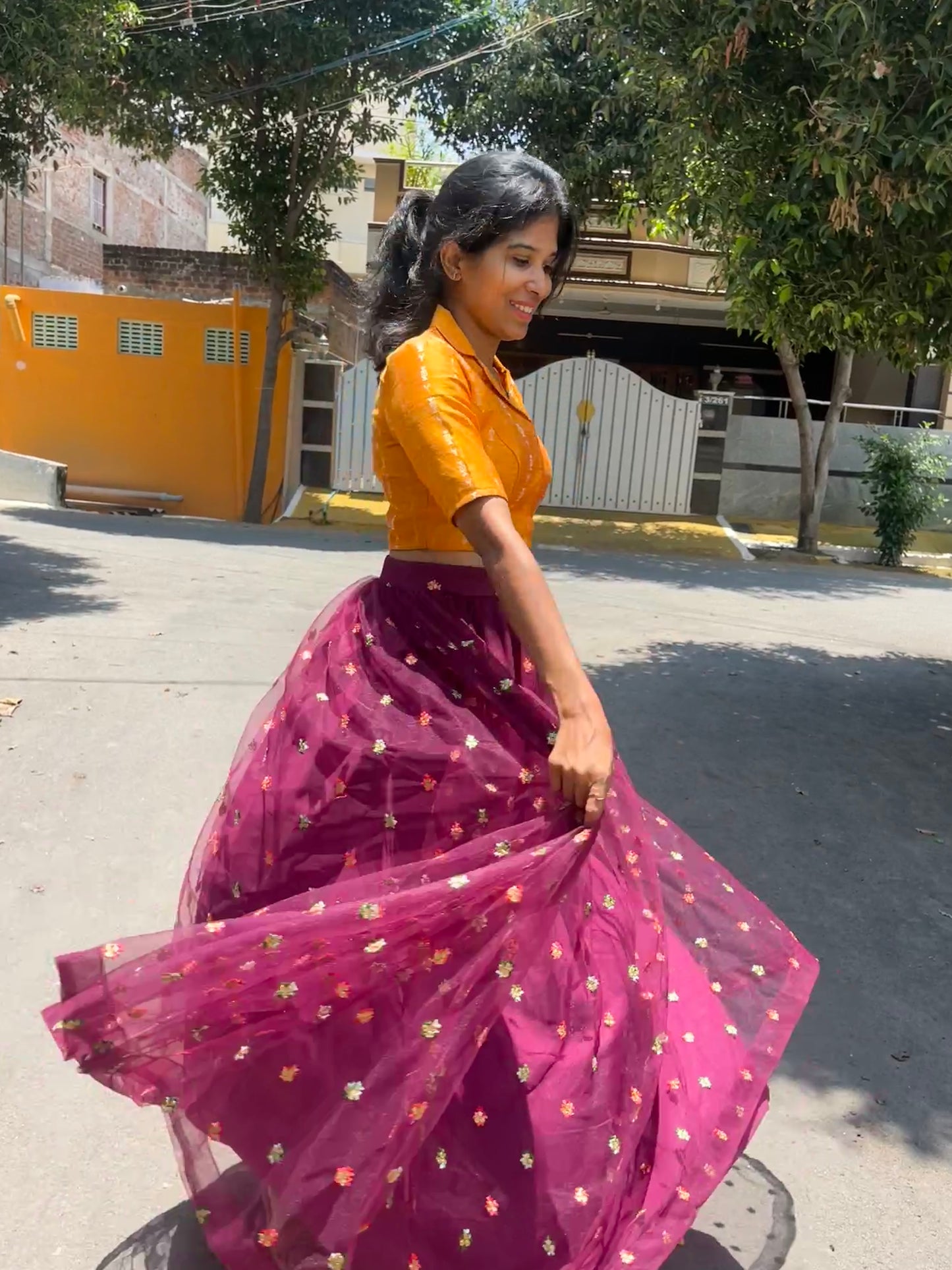 Festive dress : Net pleated skirt & Raw silk Crop Top - XS S M L