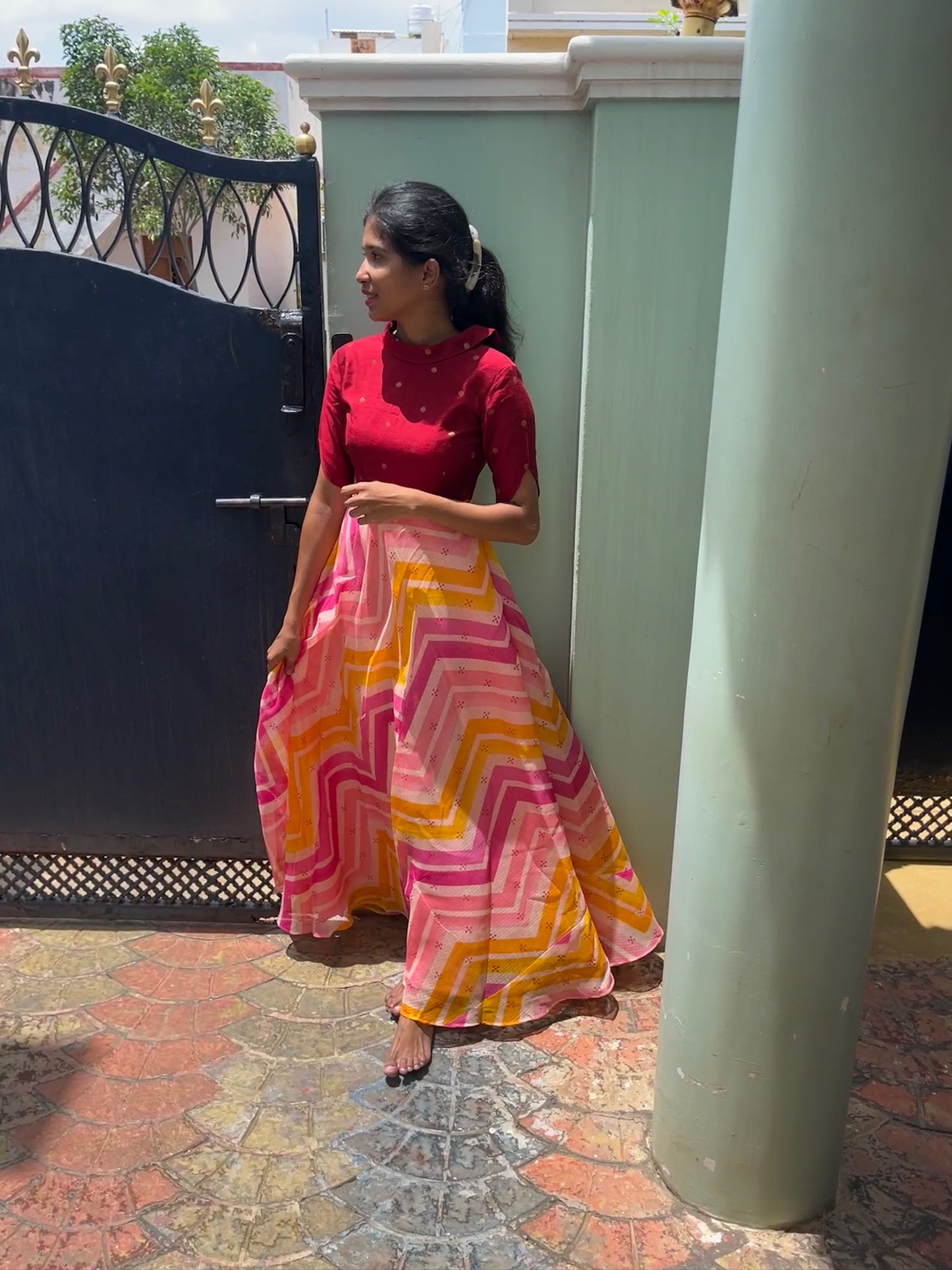 Raw Silk & Kota Silk Umbrella Long Dress - Xs