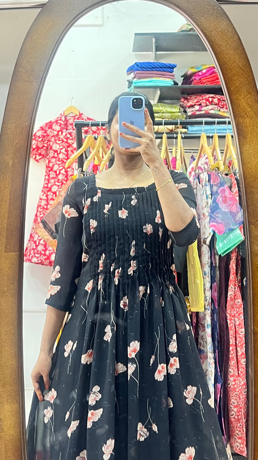 Black Georgette pintuck Aline dress - XS S M L XL 2XL