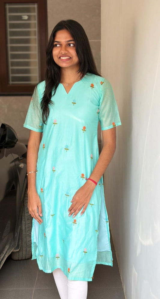 Pure  Mul Chanderi embroidered Kurti - S M L XL