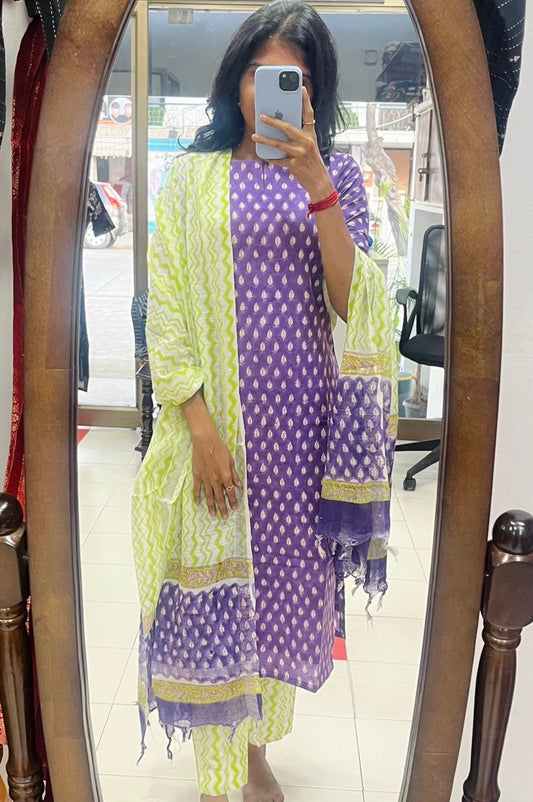 Pure Handblock cotton with Kota dupatta - XS S M L XL & 2XL ( Pre orders )