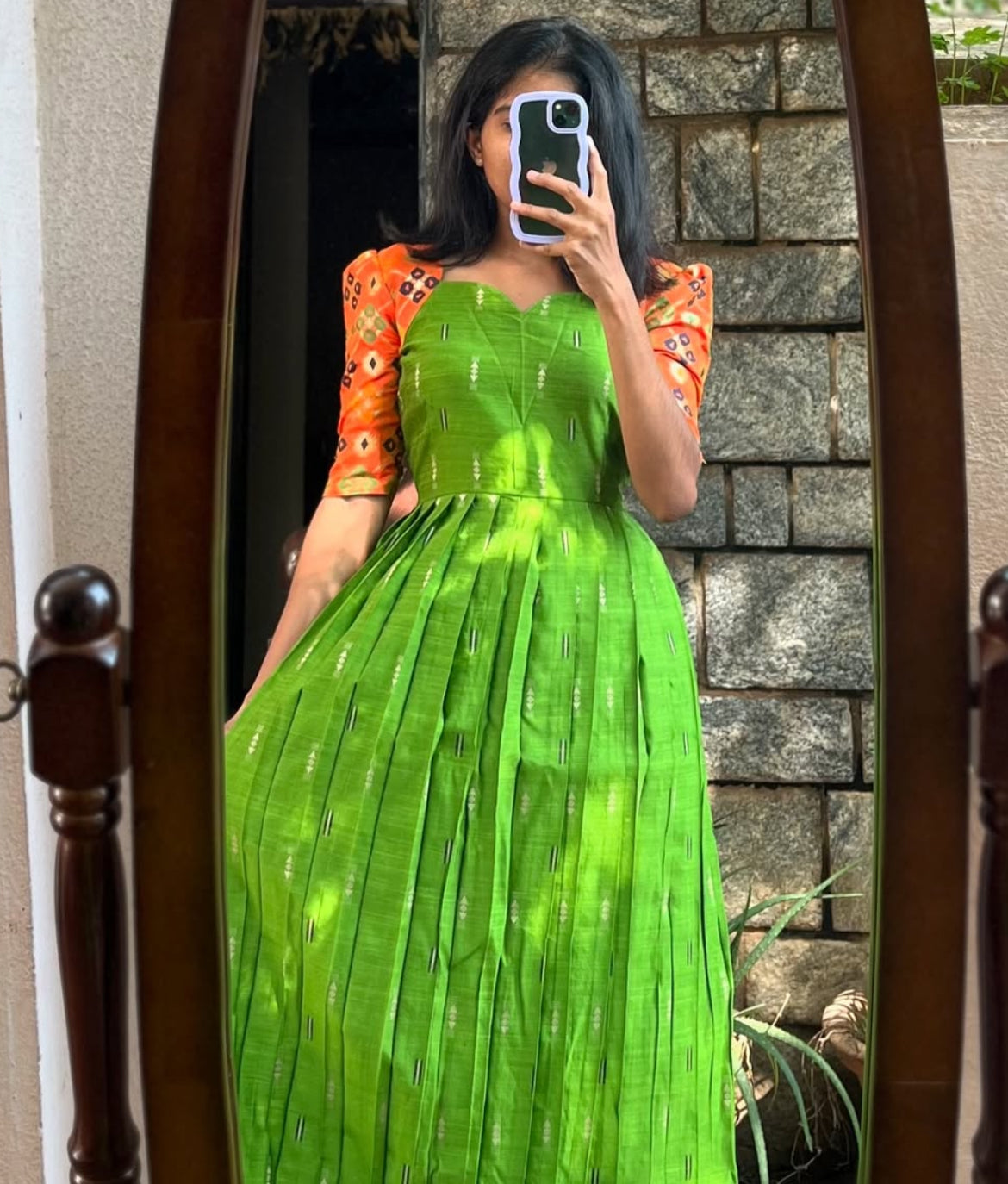 Green breeze Raw Silk Long Dress - S