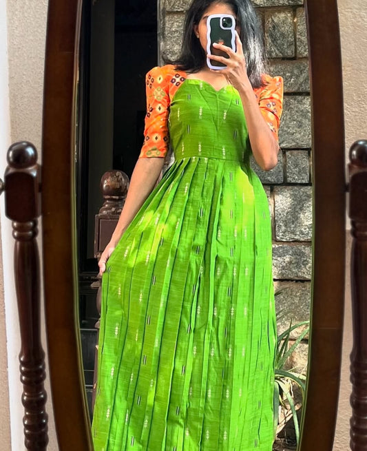 Green breeze Raw Silk Long Dress - S