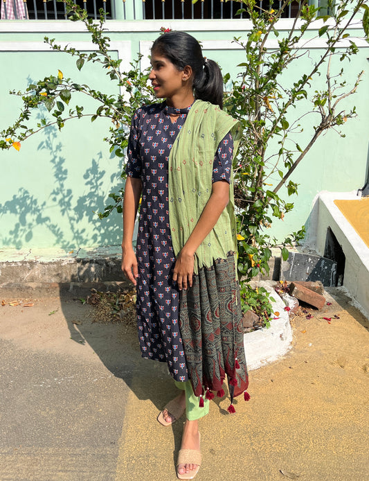 Navy Delight , Pure Ajarkh Cotton Salwar - Xs