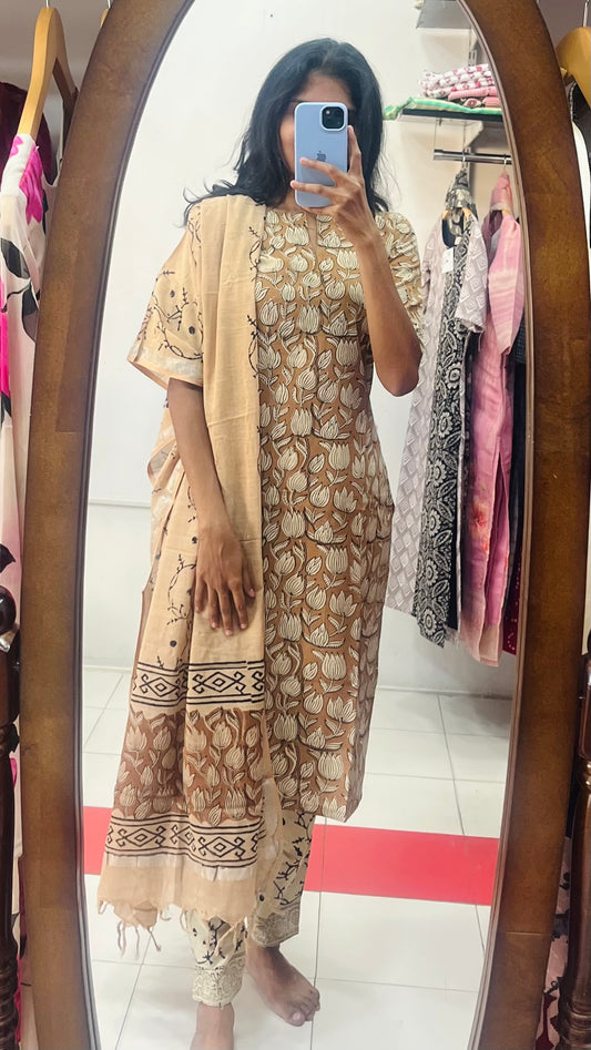 Handblock Cotton top & Bottom with linen dupatta