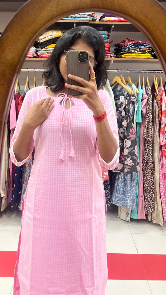 Baby Pink Cotton handloom Kurti - 2XL
