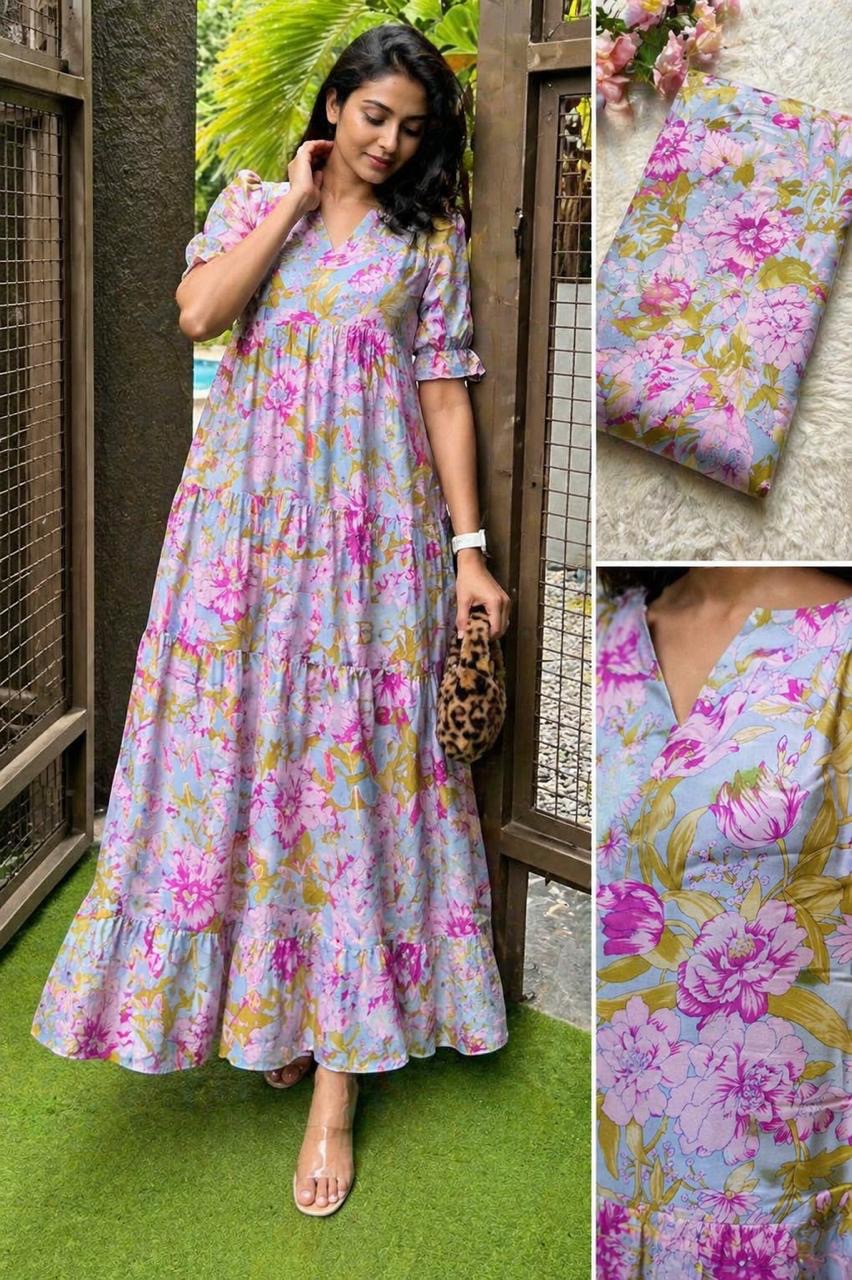 Rayon floral Long tiered dress 👗- XS S M L XL XXL