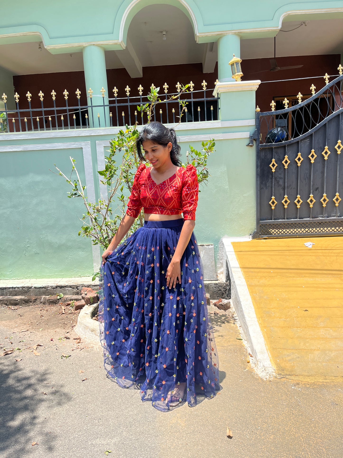 DIWALI DRAPE CROP TOP AND NETTED EMBROIDERY SKIRT - L