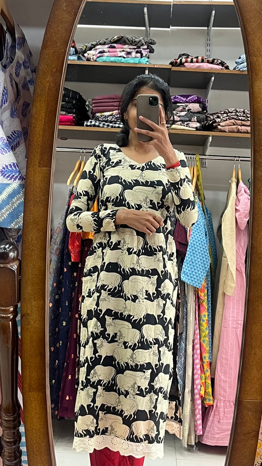 Pichwai Black Cotton Kurti - L