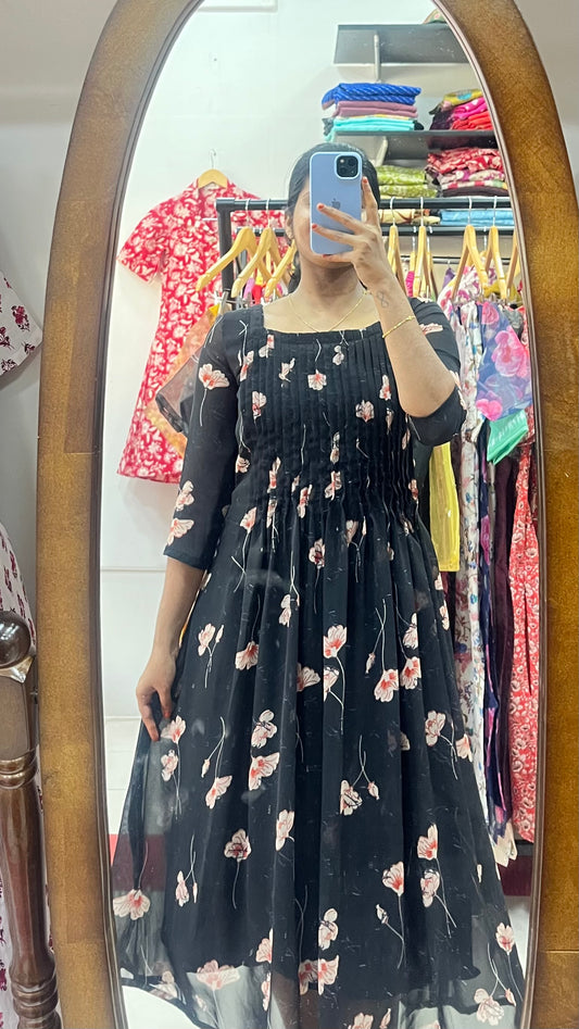 Black Georgette pintuck Aline dress - XS S M L XL 2XL