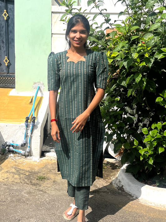 Military green cotton top & bottom - XS M (XL- Kurti)