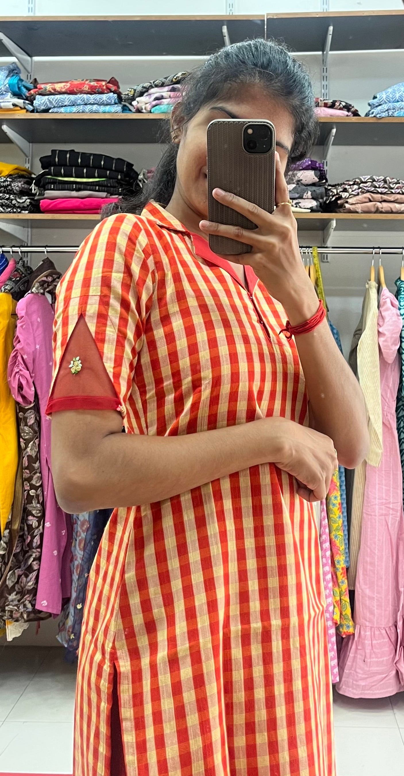 Red Royal Bloom Silk Kurti - M