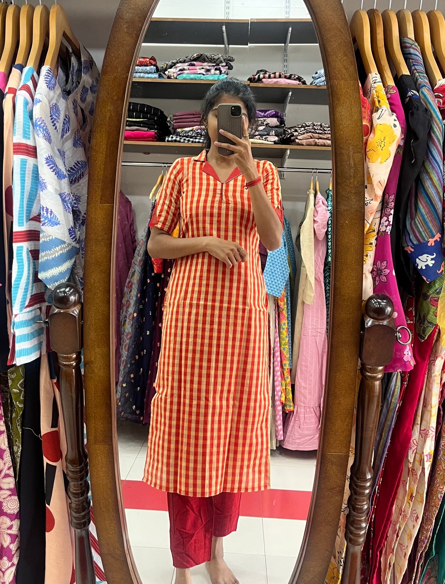 Red Royal Bloom Silk Kurti - M