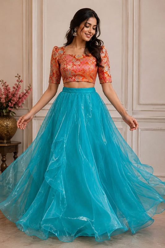Banarasi Crop top with organza skirt - XS S M L XL XXL ( Made to Order )
