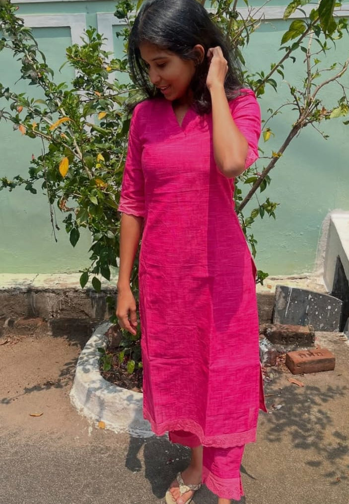 Cotton slub Coords with lace detailing  - XS S M L XL XXL